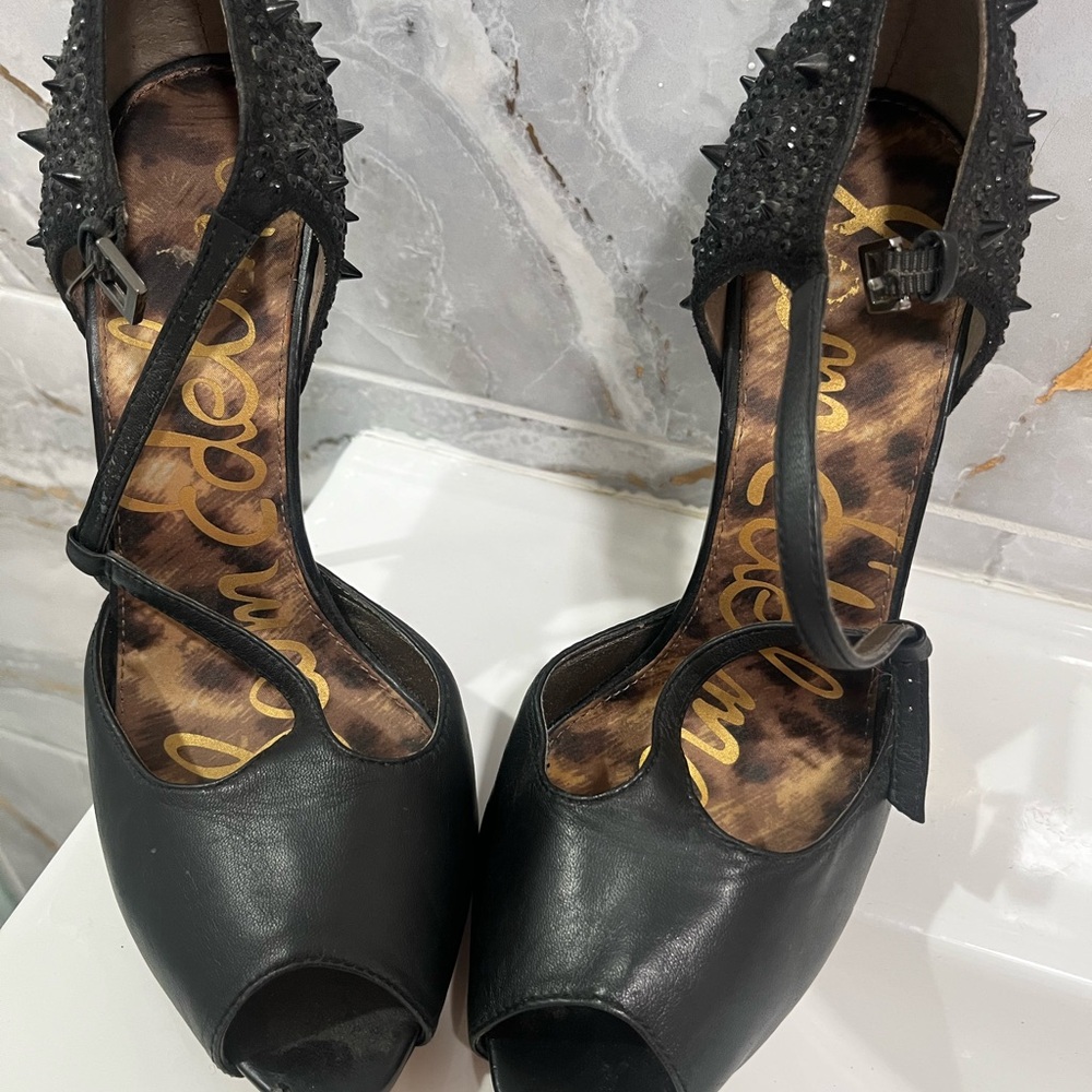 Sam Edelman Black Spiked Peep-Toe Heels
